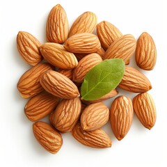 Fototapeta premium A cluster of whole almonds with a green leaf on a white background, showcasing natural texture and fresh appearance.
