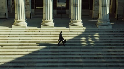 Obraz premium A person in business attire with a briefcase ascends the grand steps of an imposing building with classical columns, bathed in warm light.