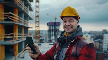 Obraz premium A smiling construction worker wearing a yellow hard hat and plaid shirt, holding a smartphone on a construction site with a cityscape in the background.