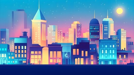 Nighttime Cityscape with Geometric Buildings and Moon