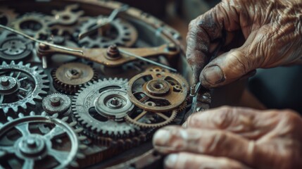 Aging hands skillfully work on intricate gears in what appears to be a vintage watch, showcasing craftsmanship and attention to detail.
