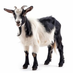 Fototapeta premium A goat is standing on a white background. The goat is black and white.