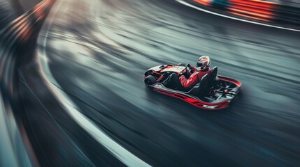 A go-kart racer in red speeds through a wet track, the motion blur intensifying the sense of speed and excitement.