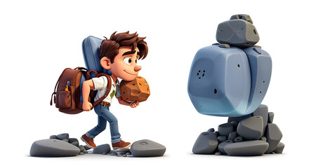 Illustration of a Man Carrying a Heavy Backpack Filled with Rocks, Symbolizing the Burden of Unspoken Emotional Struggles and Stress, with Copy Space on a White Background