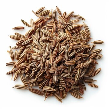 A heap of whole cumin seeds on a white background. Perfect for culinary uses, food photography, and spice illustrations.