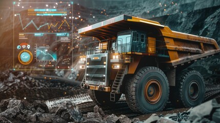 A massive mining truck in an industrial setting with futuristic data overlays, highlighting technology and heavy industry advancements.