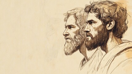 Fototapeta premium Biblical Illustration of Job’s Final Appeal - Job with Determined Expression Declaring His Innocence and Demanding Justice from God, Facing His Friends, Beige Background