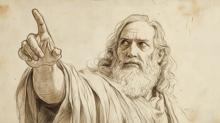 Fototapeta premium Biblical Illustration of Bildad Speaking on Purity - Bildad Raising His Hand, Emphasizing the Importance of Righteousness in God’s Eyes, Beige Background