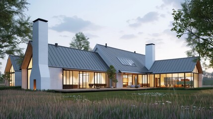 Obraz premium A modern, countryside house with a sleek design sits gracefully at twilight, blending contemporary architecture with natural surroundings.