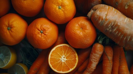 Close-up of fresh oranges and carrots with dew, capturing the richness of orange hues and textures, evoking a sense of health and vitality.