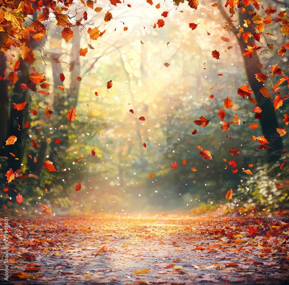 Poster sunlight and yellow trees create a beautiful autumn landscape.