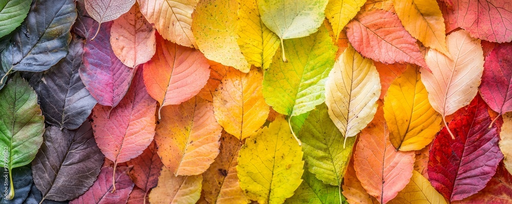 Aufkleber fall rainbow of colorful autumn leaves, nature background web banner, thanksgiving header with autum
