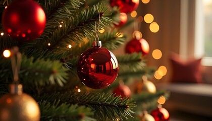 Close-up of a Christmas ornament on the tree with a bokeh effect created by festive lights, providing space for Christmas wishes and messages