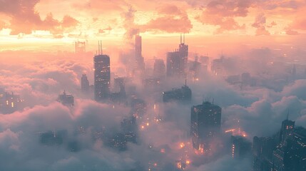 Fototapeta premium A serene, futuristic cityscape where tall buildings pierce through the clouds, bathed in the gentle colors of a pastel sky.
