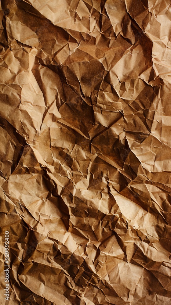 Poster The texture of crumpled brown paper exhibits deep folds and varying shades, illuminated by soft natural light creating depth and interest