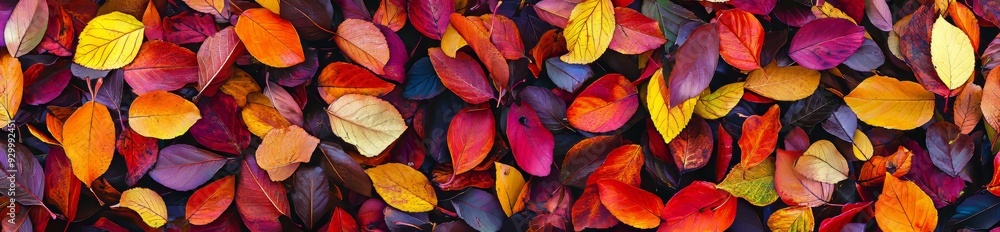 Poster fallen forest leaves forming a vibrant carpet of color on an autumn background.