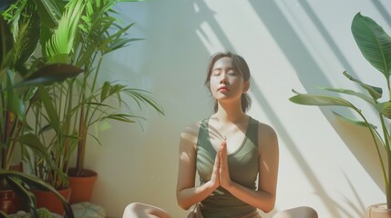 A woman practicing yoga in a sunlit room filled with lush green plants, radiating peace, mindfulness, and a connection with nature.