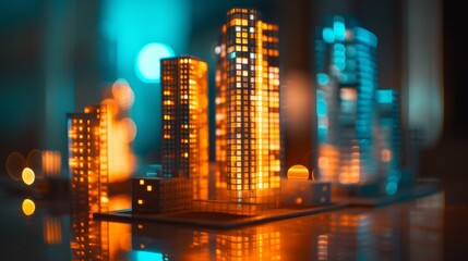 Obraz premium Miniature skyscrapers brightly lit from within contrast with the surrounding blurred lights, creating a vivid representation of a bustling city at night.