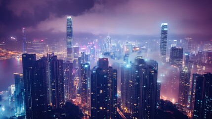 Obraz premium A stunning cityscape with bright lights, tall buildings, and a dreamy atmosphere, symbolizing a place where aspirations become reality.