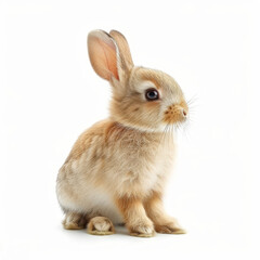 Obraz premium Adorable fluffy baby rabbit with soft fur sitting against a white background, showcasing its cute and gentle demeanor.