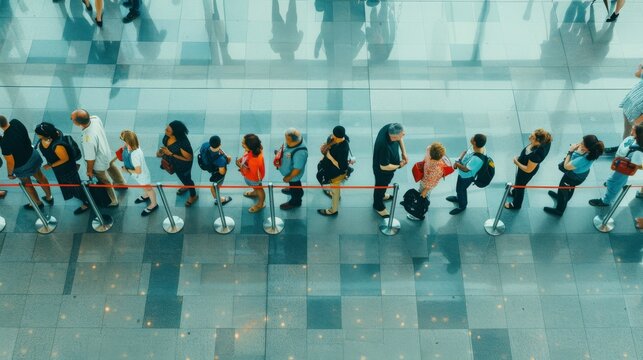 People standing in a long queue at an airport terminal, seen from a high angle with reflective floors exhibiting modern architecture.