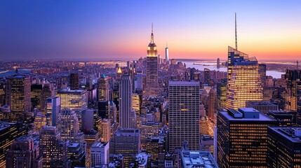 Obraz premium A stunning shot of New York City skyline at dusk, with famous landmarks and bright lights illuminating the evening sky.