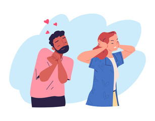 Annoying-husband. Annoyed angry wife covered ears with hands, couple lover relationship problem partner talk girlfriend ignore family disagreement unrequited love vector illustration