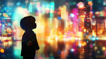Fototapeta premium A thoughtful child silhouette overlays a vibrant city skyline, representing hopes, dreams, and the future in a bustling urban environment.