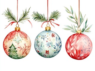 Three watercolor Christmas ornaments with floral and snowflake patterns, hanging with red ribbon and greenery.