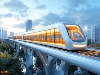 Fototapeta premium Conceptual design of a metro system where bridges are equipped with special tracks for transporting goods alongside passenger trains Metro Bridges Goods