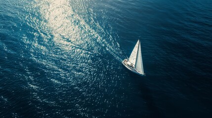 A sailboat sails on shimmering, sunlit waters, leaving a wake of splashes, highlighting the beauty of maritime adventure.