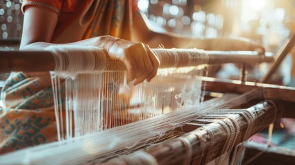Obraz premium Hands intricately weaving on a traditional loom with threads reflecting the warm glow of sunlight.