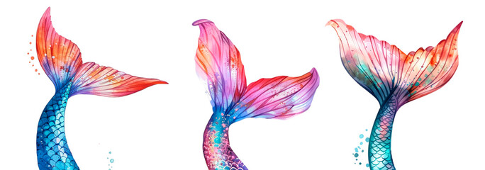 Watercolor set of mermaid tails png. Fantastic multicolored tails of mermaids on a transparent background. Elements for sea and ocean tomatoes. © Narin