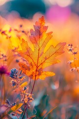 Obraz premium Grass and oak leaf on a fall background in autumn. Autumn seasonal landscape.