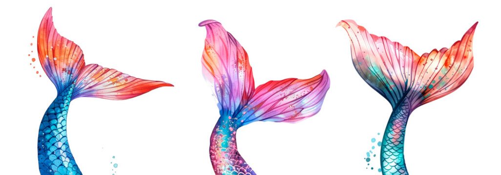 Watercolor set of mermaid tails png. Fantastic multicolored tails of mermaids on a transparent background. Elements for sea and ocean tomatoes.