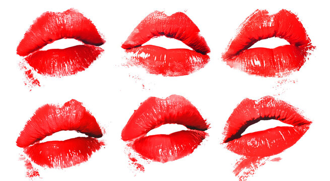 Set of realistic lip prints from red lipstick png. Lip prints with red lipstick on a transparent background. Valentine's Day elements and other designs.