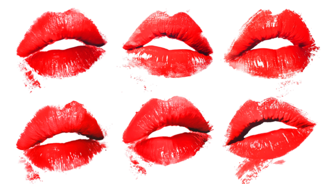 Set of realistic lip prints from red lipstick png. Lip prints with red lipstick on a transparent background. Valentine's Day elements and other designs. - Powered by Adobe