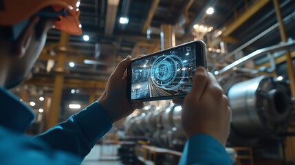 Engineer using smartphone to monitor factory machinery with digital interface in modern industrial environment.