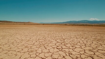 An aerial view of a vast, dry, and cracked earth landscape under a clear blue sky, emphasizing the effects of drought.