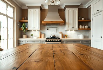 a blurred cozy kitchen interior with wooden furniture, a sleek sink, and a stylish table Shelves and cabinets line the walls, a large window allows natural light