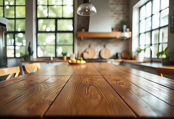 a blurred cozy kitchen interior with wooden furniture, a sleek sink, and a stylish table Shelves and cabinets line the walls, a large window allows natural light