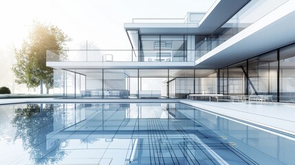 Fototapeta premium A vast, glass-fronted modern residence looms over a tranquil pool, reflecting luxury and contemporary architectural grandeur.