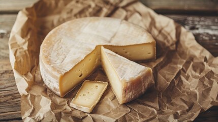 Fototapeta premium A round wheel of cheese with a portion cut out, resting on brown paper on a wooden surface, showcasing its rustic texture and appetizing appearance.