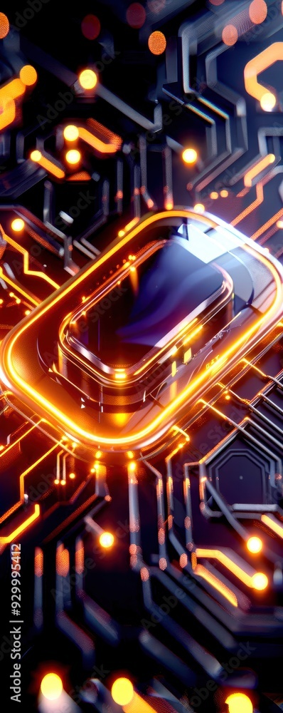 Poster close-up of a glowing circuit board detail with illuminated pathways, showcasing advanced technology