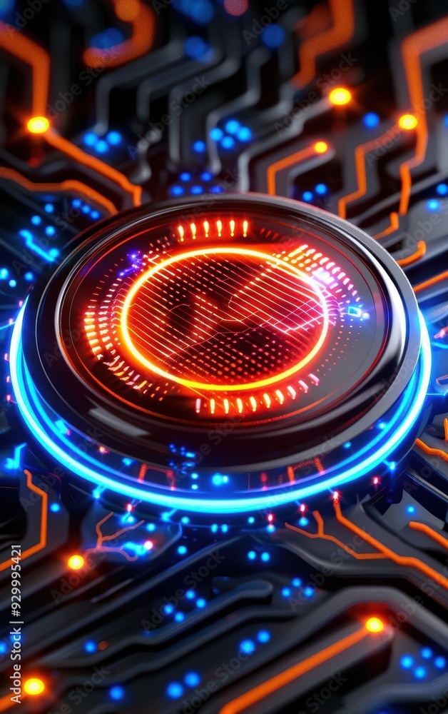 Poster close-up of a futuristic circuit board with glowing elements and a central illuminated design, perfe