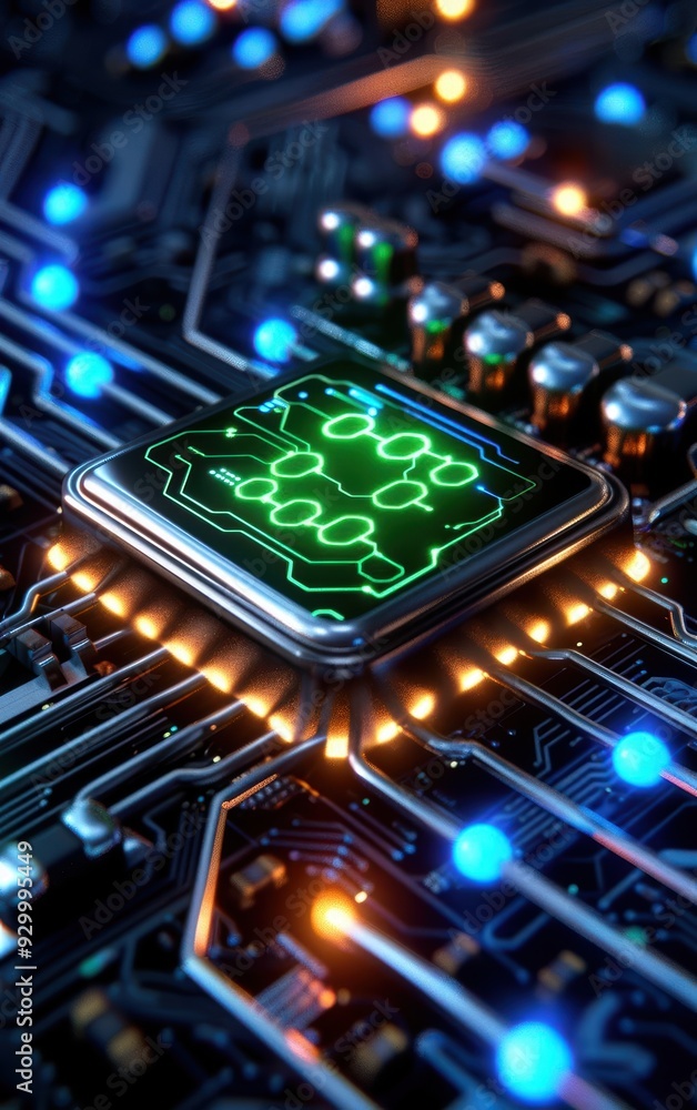 Poster close-up of a microchip on a circuit board with glowing lights, representing advanced technology and