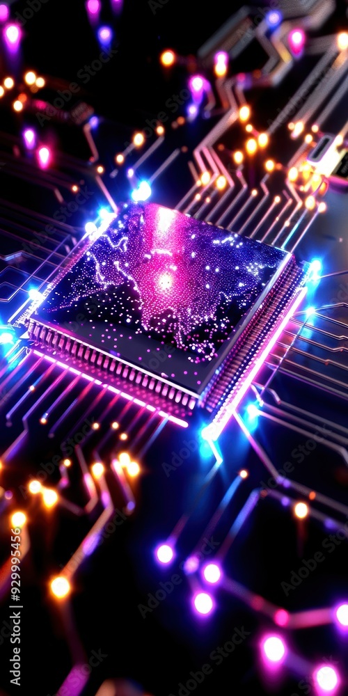 Poster close-up of a vibrant microchip with colorful lights, showcasing the intricate details of technology
