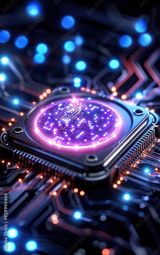 Aufkleber close-up view of a futuristic microprocessor surrounded by glowing circuit patterns, symbolizing adv
