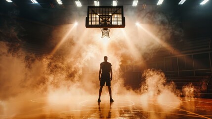 A basketball player stands silhouetted against dramatic lighting and smoke, emphasizing the intensity and focus before a game.