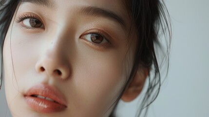 Fototapeta premium A detailed close-up of a young woman's face, with subtle makeup and a tender expression, emphasizing her natural beauty and serenity.